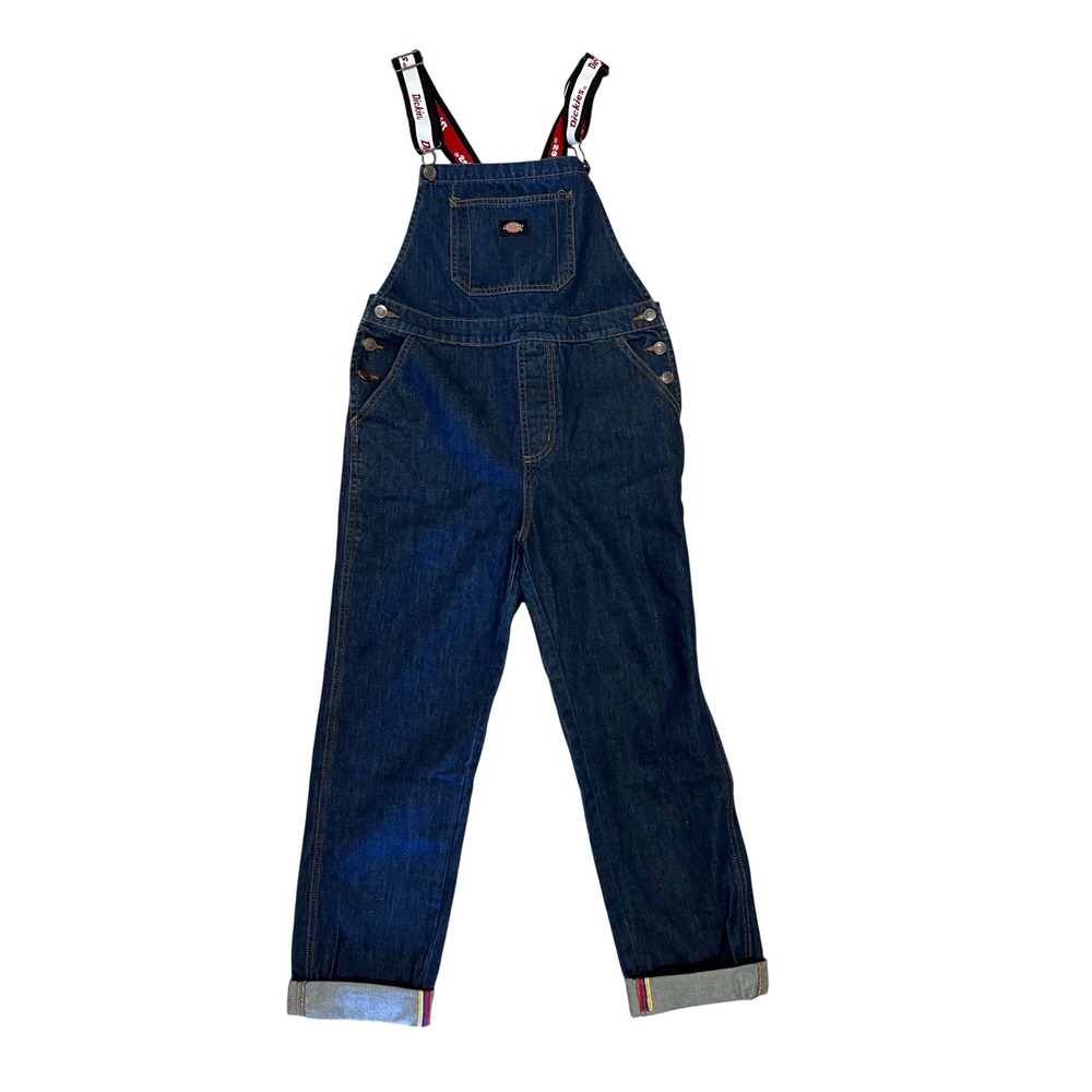 Dickies Womens Denim Bib Overalls Dark Wash Logo Elastic Straps Size Medium